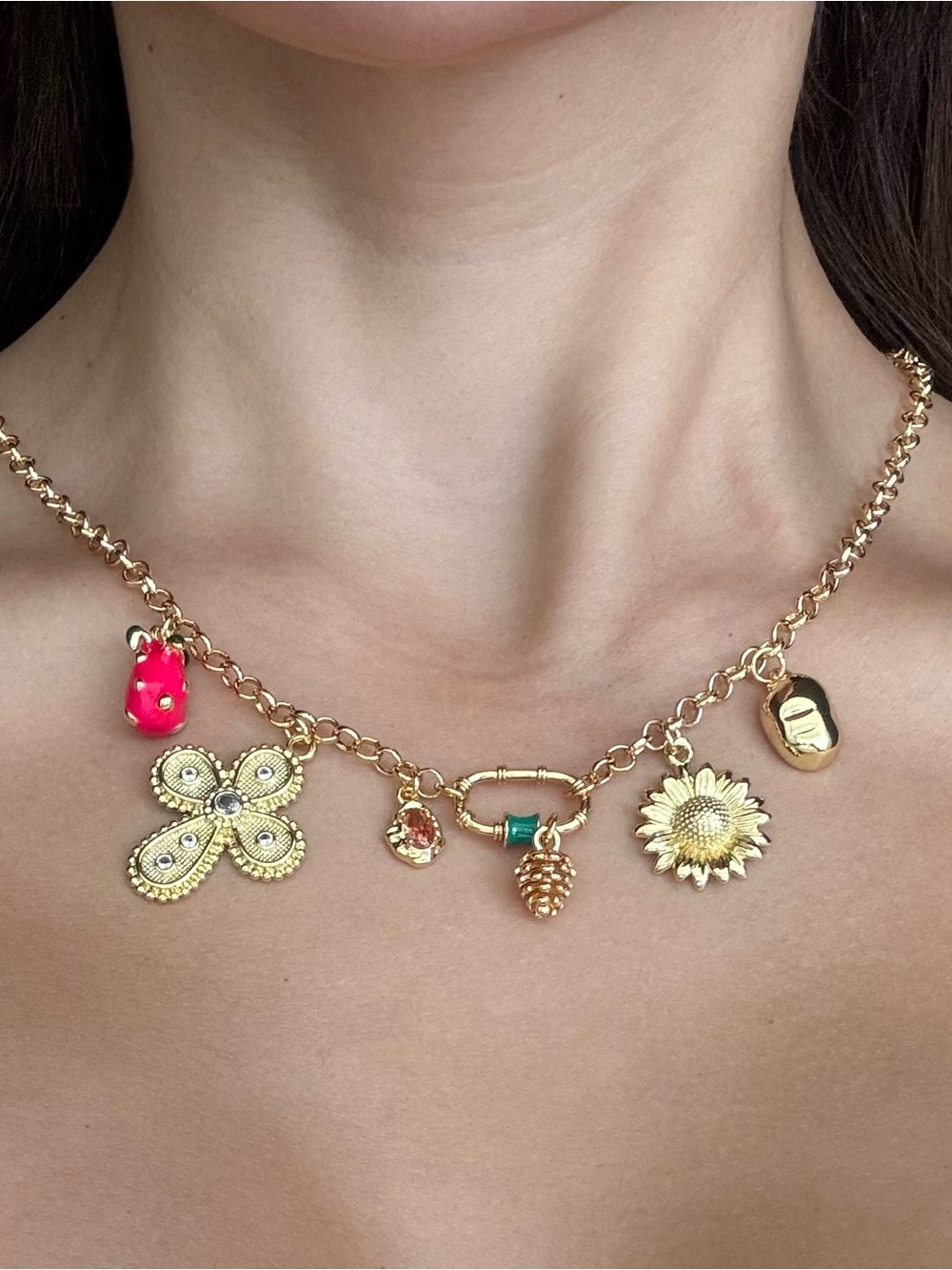 Gold Charm Necklace with Pink Accent and Green Detail - Picture 3 of 4